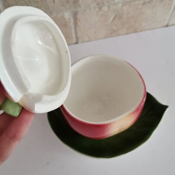 Vintage ESD Japan Apple Shaped Jam Jar Lidded Honey Pot Ceramic Lefton Leaf - Picture 5 of 8